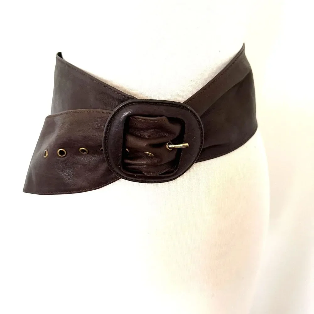 Max Mara Brown Leather Wide Waist Belt Brown Tone Buckle Made In Italy Luxury S